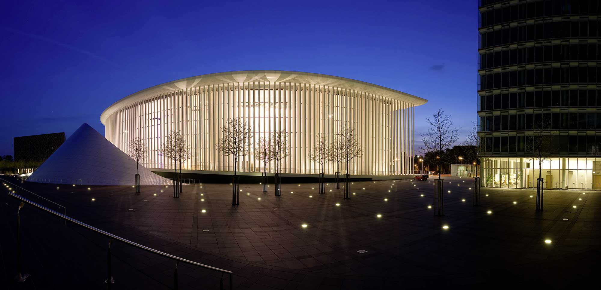 Philharmonie Luxembourg illuminated at night
